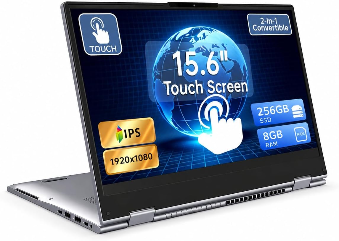 15.6" Yoga 2-in-1 Touchscreen Laptop, 8GB RAM 256GB SSD | Computer with AMD A9 up to 3.2GHz, Convertible Notebook with IPS FHD Display, USB-C, WiFi, Win11 Laptop for Work,Study & Home