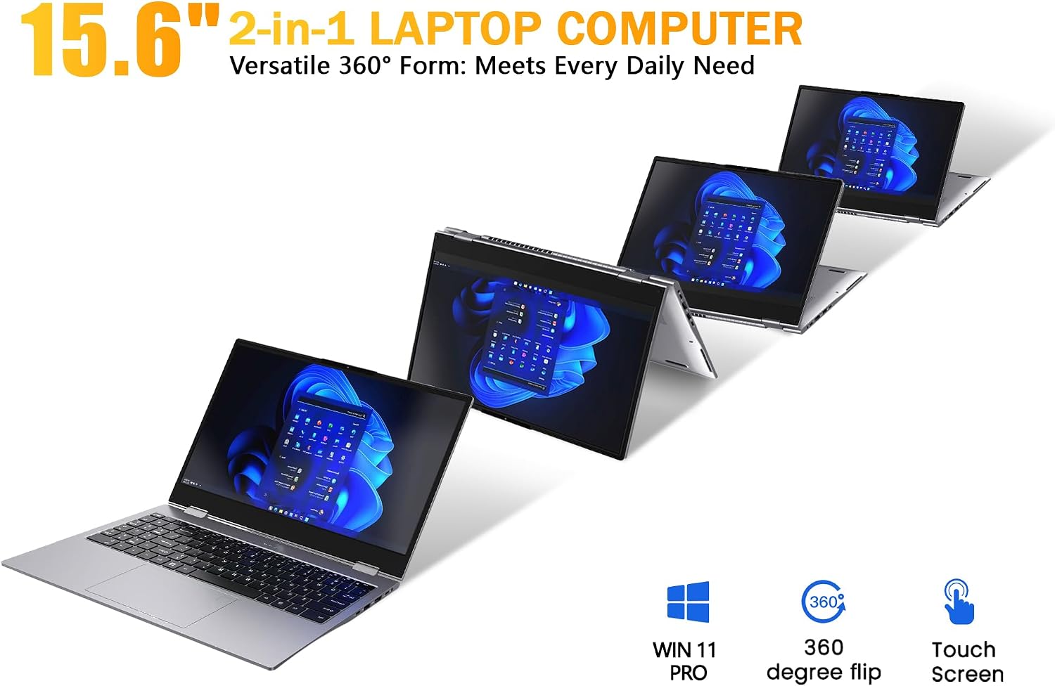 15.6" Yoga 2-in-1 Touchscreen Laptop, 8GB RAM 256GB SSD | Computer with AMD A9 up to 3.2GHz, Convertible Notebook with IPS FHD Display, USB-C, WiFi, Win11 Laptop for Work,Study & Home - Image 2