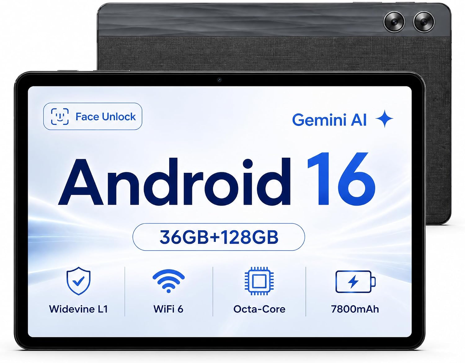 Android Tablet 11 inch with Octa-Core Processor, 36GBRAM+128GB Storage Gemini AI, 7800mAh Battery, Fast Charging, 1280x800 IPS HD Display , Dual Camera, Face Unlock, Widevine L1, WiFi 6 BT5.4